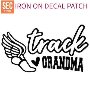 May include: Black and white iron-on decal patch with a running shoe and wings, and the text "track grandma" with a heart symbol.
