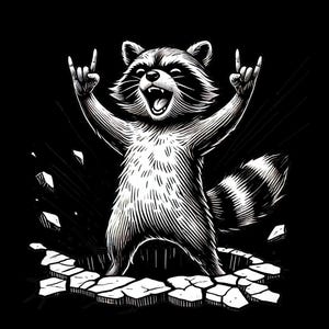 May include: Black and white illustration of a raccoon with its arms raised in a rock and roll gesture. The raccoon is standing on a cracked surface, with a black background. The raccoon has a wide open mouth.