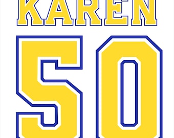 Puede incluir: Un fondo blanco con el nombre "KAREN" en letras amarillas con contorno azul sobre el número "50". El número "50" es amarillo con contorno azul.