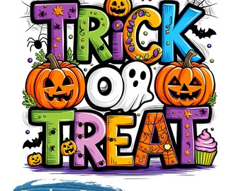 Trick or Treat DTF Transfer - Halloween Ready to Press Design - Spooky Ghost Pumpkin Bat - Custom Shirt Decal for T-Shirts, Hoodies