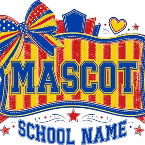 Gepersonaliseerde schoolmascotte DTF-transfer, ontwerp met aangepaste schoolnaam, 3 schoolkleuren, Coquette cheerstrik, schoolspirit strijkapplicatie