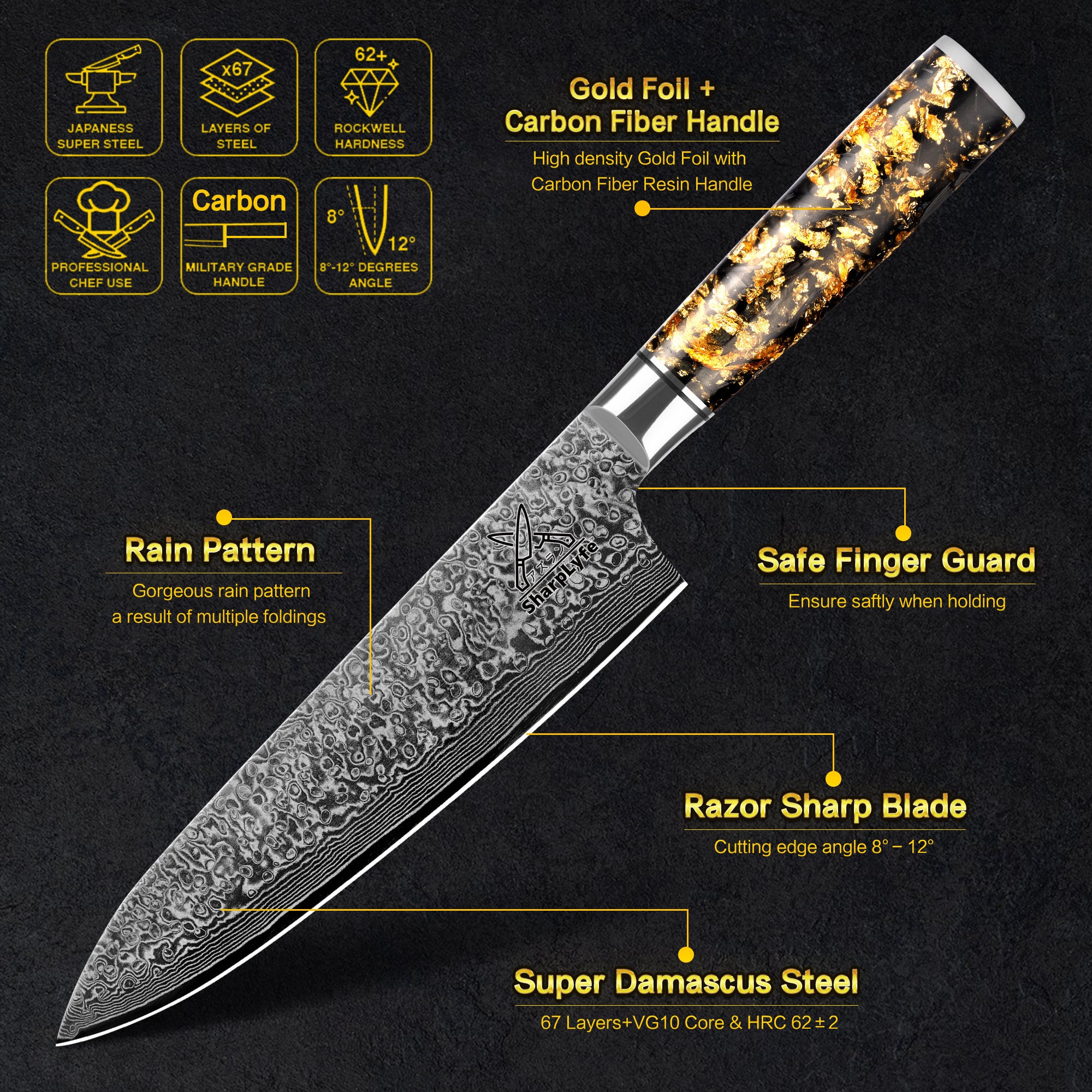Sharplyfe Japanese Damascus Steel Chef Knife - Gold Foil & Carbon