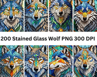 200 Stained Glass Wolf Bundle PNG - High-Resolution - Commercial Use, 300 DPI