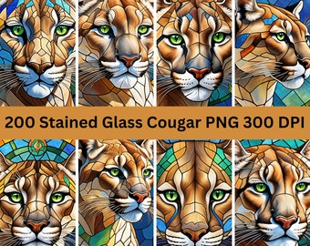 200 Stained Glass Cougar Bundle PNG - High-Resolution - Commercial Use, 300 DPI