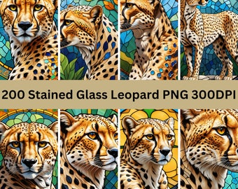 200 Stained Glass Leopard Bundle PNG - High-Resolution - Commercial Use, 300 DPI