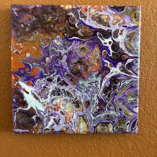 Purple Gold & Orange Abstract II - Acrylic Paint Pour on Canvas  - 8 in x 8 in - Fluid Art