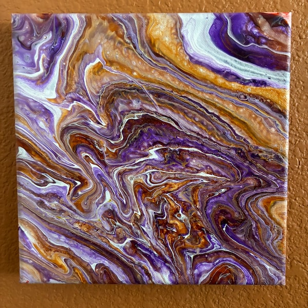 Purple Gold & Orange Abstract III - Acrylic Paint Pour on Canvas  - 8 in x 8 in - Fluid Art