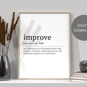May include: A printable digital download of a black and white definition of the word "improve" with the pronunciation and a definition. The background is white and the text is centered on the page.