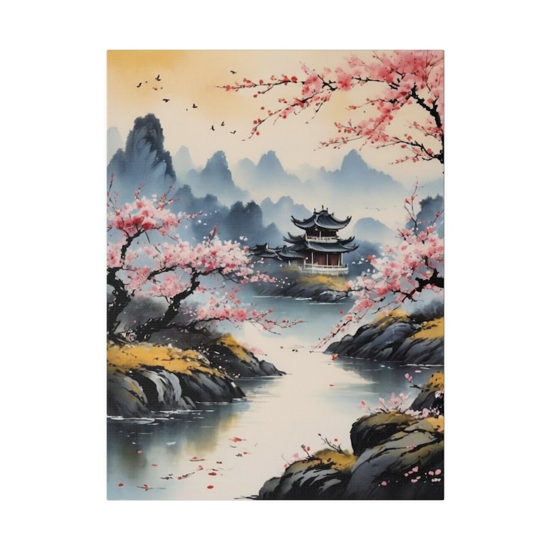 Cherry Blossoms Ink Wash Painting on Canvas: Springtime Asian Art (12 X ...