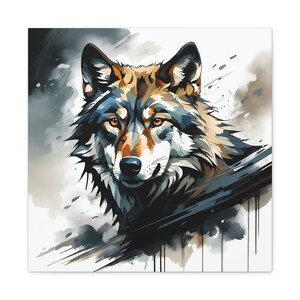 Mystic Wolf Gaze Canvas Art - Intense Canine Portrait, Abstract Wolf Illustration in Monochrome Tones with Color Accents
