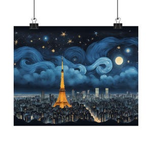 Impresión artística, póster de paisaje urbano nocturno estrellado de la Torre de Tokio, arte de pared con cielo de ensueño, decoración del hogar, decoración de oficina, impresión horizontal mate