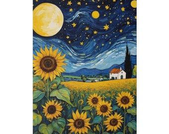 May include: A painting of a starry night sky with a large yellow moon and a small white house in a field of sunflowers. The sunflowers are yellow with dark brown centers and green leaves. The sky is blue with white stars and a swirling pattern of clouds.