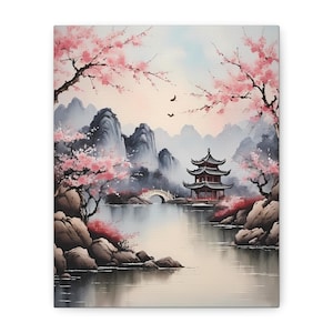 Canvas Wall Art, Tranquil Cherry Blossom Pagoda - Serene Bridge, Reflective Lake, Misty Mountains, Home Decor, Office Decoration, Japanese