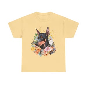 Doberman Dog Heavy Cotton T-Shirt | Watercolor Floral Doberman Tee | Flower Dog Lover Gift | Unisex Pet Owner Shirt | Cute Dog Graphic