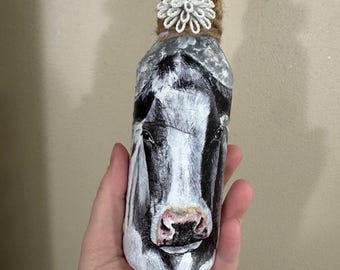 Black and White Cow Bottle Art  | Handmade Decoupage Glass Bottle | Rustic Farmhouse Decor | Country Home Accent | Mixed Media Bottle 4x7.5”