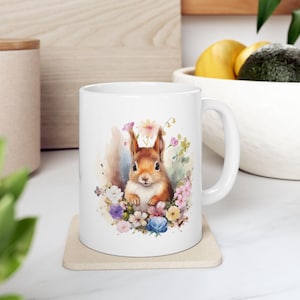 Watercolor Squirrel Floral Ceramic Mug | Flower Animal Coffee Cup | Wildlife Lover Gift | Nature Art Squirrel Mug | Cute Animal Graphic Mug