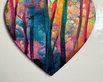 Colorful Forest Heart Magnet / Tree Landscape / Decoupage Refrigerator Magnet / Mixed Media Woodland Decor / Handmade Gift / Size 6”x6”
