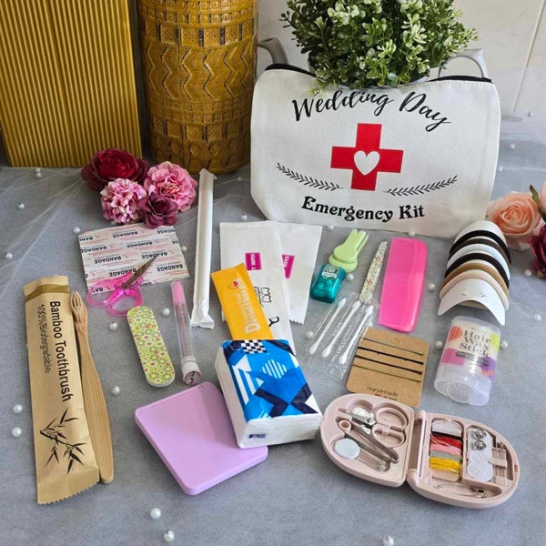 Trousse d'urgence le jour du mariage, à emporter, Réparations de dernière minute : Préparation de la mariée, Essentiels le jour du mariage, Tout ce dont vous avez besoin Trousse d'urgence le jour du mariage