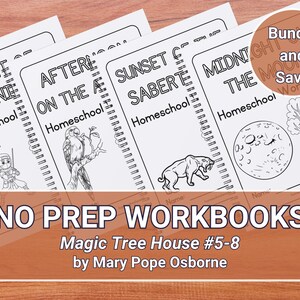 Puede incluir: Un conjunto de cuatro cuadernos de trabajo imprimibles de Magic Tree House en blanco y negro para la escuela en casa. Los títulos son "Night of the  Nightmare", "After the  On the  A", "Sunset of  Saberte", y "Midnight  The  Moon". El paquete incluye una opción de ahorro.