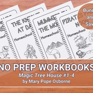 Puede incluir: Un conjunto de cuatro cuadernos de trabajo imprimibles en blanco y negro para la educación en el hogar basados en la serie Magic Tree House de Mary Pope Osborne. Los cuadernos de trabajo presentan ilustraciones de dinosaurios, caballeros, momias y piratas.