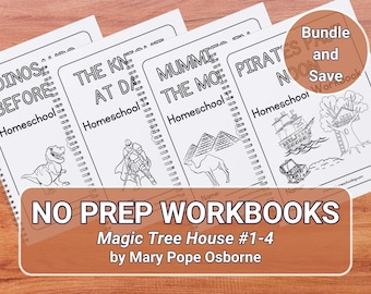 Magic Tree House 4 Book Homeschool Workbook Bundle | Dinosaurs Before Dark, The Knight at Dawn, Mummies in the Morning, Pirates Past Noon