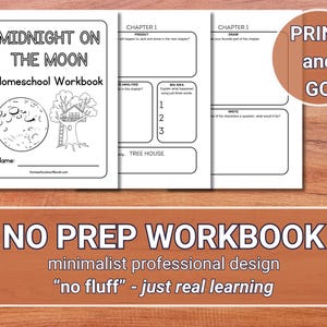 May include: Black and white printable homeschool workbook with the title "Midnight on the Moon" and a drawing of a moon and a treehouse. The text "No Prep Workbook" is at the bottom of the image.