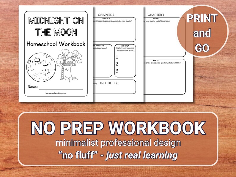 May include: Black and white printable homeschool workbook with the title "Midnight on the Moon" and a drawing of a moon and a treehouse. The text "No Prep Workbook" is at the bottom of the image.
