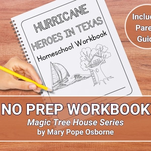 May include: A black and white illustration of a sailboat and a treehouse on the cover of a homeschool workbook titled "Hurricane Heroes in Texas". The workbook is part of the Magic Tree House series by Mary Pope Osborne and includes a parent guide.