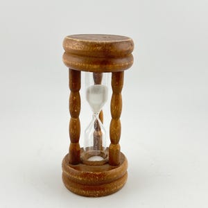 Vintage Wooden Hourglass Sand Timer • Turned Frame, White Sand, Kitchen Accent