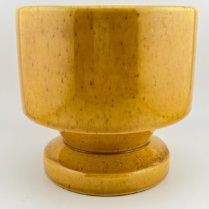 May include: A pedestal planter in a warm, speckled yellow-brown glaze. The ceramic pot has a wide, cylindrical bowl shape atop a rounded base, with a smaller, circular foot. The planter is suitable for indoor or outdoor use.