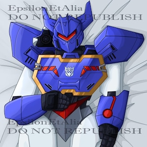 May include: A blue and white robot with red accents is lying on its back. The robot has a large head with a blue helmet and a red visor. The robot's chest has a blue and gold panel with a silver Autobot symbol. The robot's arms are bent at the elbows and its hands are clenched into fists. The robot's legs are straight and its feet are flat on the ground. The robot is lying on a white surface. The text "Epsilon EtAlia DO NOT PUBLISH" is visible in the image.