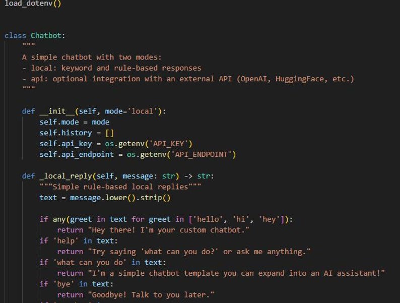 Pode incluir: Captura de tela do c&oacute;digo Python para um chatbot, exibida em um fundo escuro. O c&oacute;digo define uma classe Chatbot com modos local e API, incluindo fun&ccedil;&otilde;es para inicializa&ccedil;&atilde;o e respostas locais. O texto inclui coment&aacute;rios e instru&ccedil;&otilde;es condicionais.