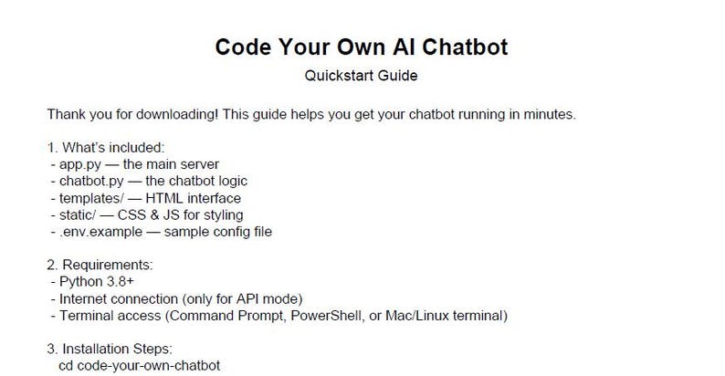 Pode incluir: Um documento branco intitulado "Code Your Own AI Chatbot Quickstart Guide". O guia detalha os componentes, requisitos e etapas de instala&ccedil;&atilde;o para criar um chatbot. O texto &eacute; preto.