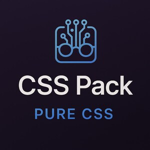Op de afbeelding: Een digitale afbeelding met een blauw printplaatpictogram boven de woorden "CSS Pack" in wit en "PURE CSS" in blauw. De achtergrond is donker marineblauw.