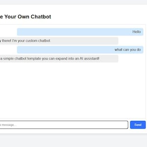 Pode incluir: Interface digital para um chatbot, intitulada "Code Your Own Chatbot". A interface mostra uma conversa com o chatbot, incluindo os textos "Hello", "Hey there! I'm your custom chatbot" e "what can you do".