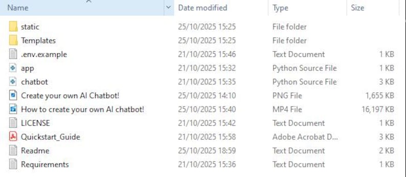 Pode incluir: Uma captura de tela de uma janela do explorador de arquivos do Windows exibindo uma lista de arquivos e pastas. A lista inclui pastas como "static" e "Templates", bem como v&aacute;rios tipos de arquivos, como documentos de texto e arquivos PNG.