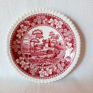 Set of 4 Copeland Pottery "Spode's Tower" Transfer Ware Saucers, Pink/Red, 5 7/8", Old Mark