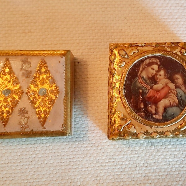 Pair of Vintage 1960's Gilded Florentine Wooden Trinket Boxes, Made in Italy.  3 1/8" and 2 7/8" square.