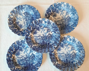 Set of 5, Franciscan Staffordshire, England, "The Hunter" Blue Transferware Bread, Appetizer Plates, 6 3/4"W