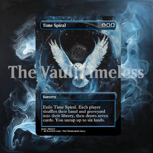 May include: A blue and white Magic: The Gathering card with a white owl flying in front of a clock face. The card is titled "Time Spiral" and has a mana cost of 4 colorless mana. The card text reads: "Exile Time Spiral. Each player shuffles their hand and graveyard into their library, then draws seven cards. You untap up to six lands."