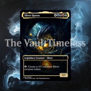 Puede incluir: Una carta proxy de Magic: The Gathering con la "Sliver Queen". La carta presenta una ilustración detallada de una criatura en un entorno de cueva. El texto de la carta incluye "Legendary Creature - Sliver" y "Create a 1/1 colorless Sliver creature token."