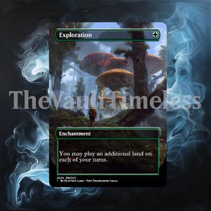 Może przedstawiać: Karta fantasy zatytułowana "Exploration" z tekstem "Enchantment". Obraz przedstawia osobę idącą przez las z dużymi, grzybowatymi strukturami. Karta zawiera również tekst "Możesz zagrać dodatkową ziemię w każdej ze swoich tur."
