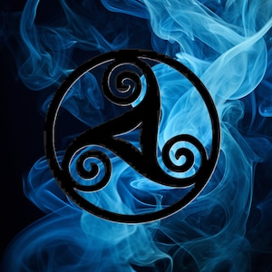 May include: A black Celtic triskelion symbol, a design with three spiraling arms, set within a circle. The symbol is set against a backdrop of swirling blue smoke. The background transitions from dark blue to black.