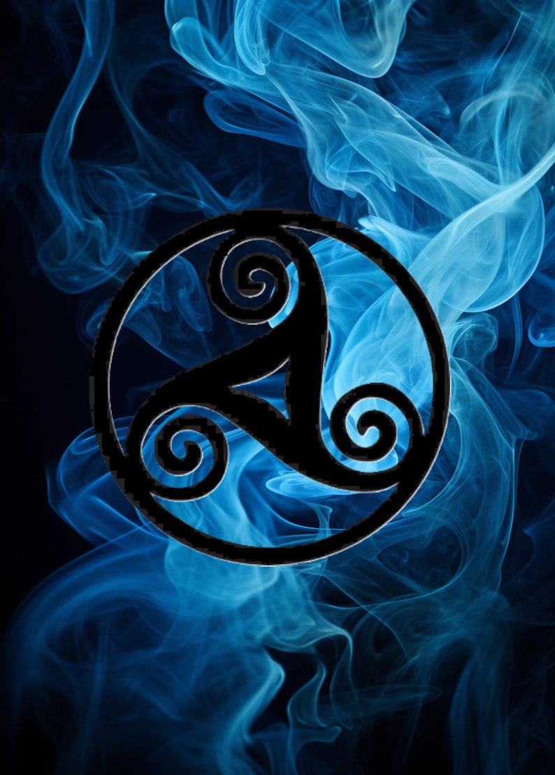 May include: A black Celtic triskelion symbol, a design with three spiraling arms, set within a circle. The symbol is set against a backdrop of swirling blue smoke. The background transitions from dark blue to black.