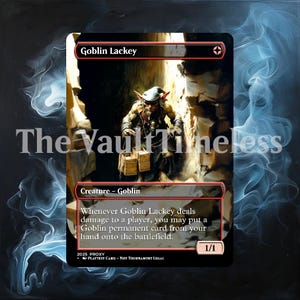以下が含まれることがあります： 「Goblin Lackey」と題された、箱を持ったゴブリンのような生き物を描いたプロキシカード。カードには赤い枠とテキストがあり、「Creature - Goblin」とゲームの説明が含まれています。カードはテストカードとしてマークされています。