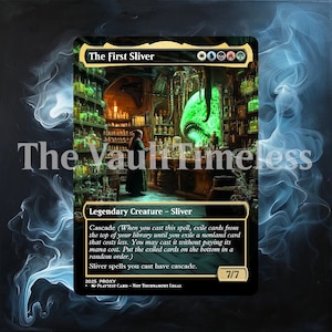 May include: A Magic: The Gathering card titled "The First Sliver." The card features a detailed illustration of a fantasy setting with a green creature and text. The card is labeled as a Legendary Creature - Sliver and includes game text.