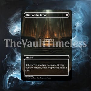 Peut inclure: Une carte de Magic: The Gathering représentant un autel de pierre sombre avec une lumière incandescente émanant du centre. La carte est intitulée "Autel de la Couvée" et a un coût de mana de 1. Le texte de la carte indique : "Chaque fois qu'une autre permanente que vous contrôlez arrive en jeu, chaque adversaire pioche une carte de sa bibliothèque et la met dans son cimetière."
