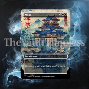 May include: A Magic: The Gathering card with a blue, white, and black color scheme. The card is titled "Moat" and features a Japanese-style illustration of a building with a bridge in the foreground. The card text reads "Creatures without flying can't attack."