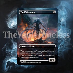 May include: A black and white Magic: The Gathering card with a blue border. The card features a large, multi-tentacled Eldrazi creature with a dark, swirling background. The card text reads "Void Winnower" and "Your opponents can't cast spells with even mana values. (Zero is even.) Your opponents can't block with creatures with even mana values."