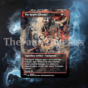 May include: A red and black Magic: The Gathering card with a Japanese-inspired illustration of a creature wielding a sword. The card text reads "The Reaver Cleaver" and "Legendary Artifact - Equipment".